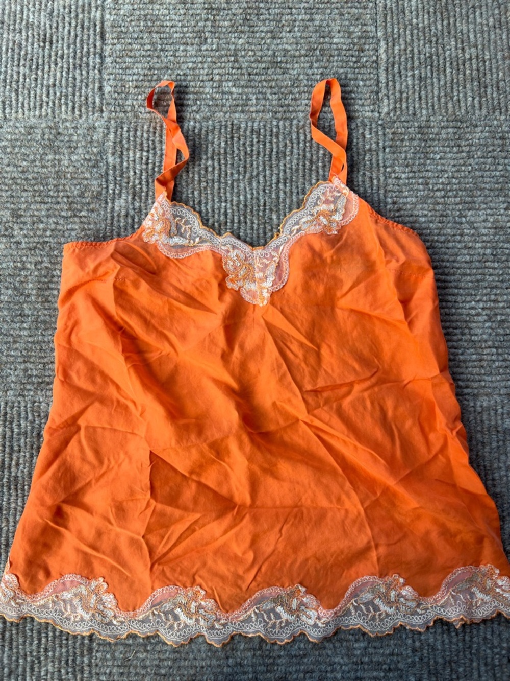 Y2K EXPRESS Orange Silk Camisole Top Lace Sz XS Baby Doll Coquette Cami Vintage